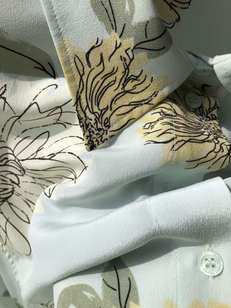 Printed Washed Silk Oversized Long-Sleeve Shirt Button-up Water Green Chrysanthemum