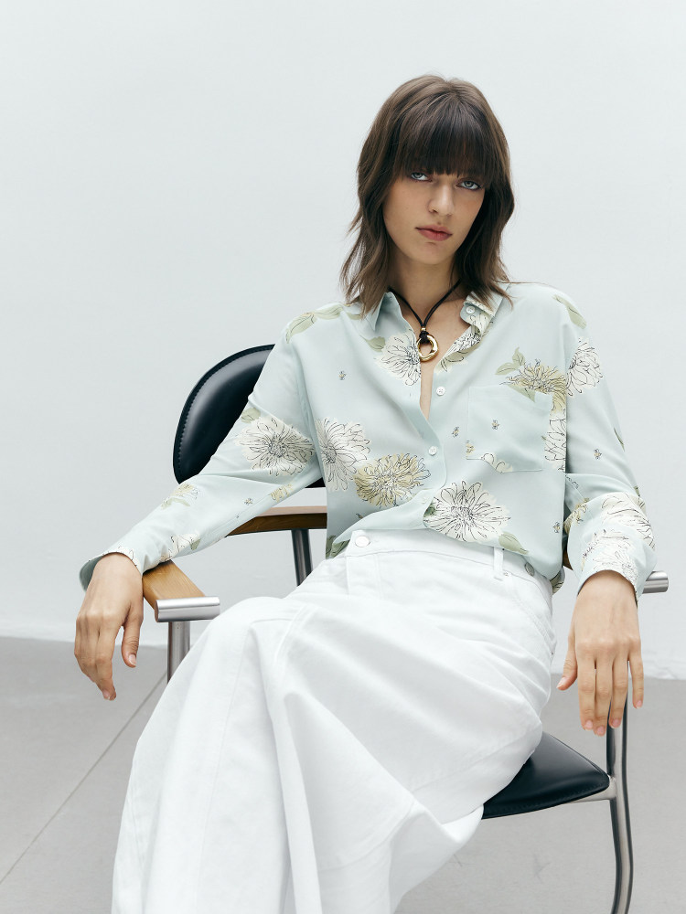 Printed Washed Silk Oversized Long-Sleeve Shirt Button-up Water Green Chrysanthemum
