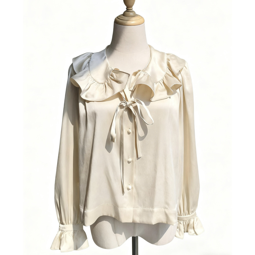 Ruffled Collar Lantern Sleeve Washed Silk Satin Long Sleeve Shirt in Light Champagne