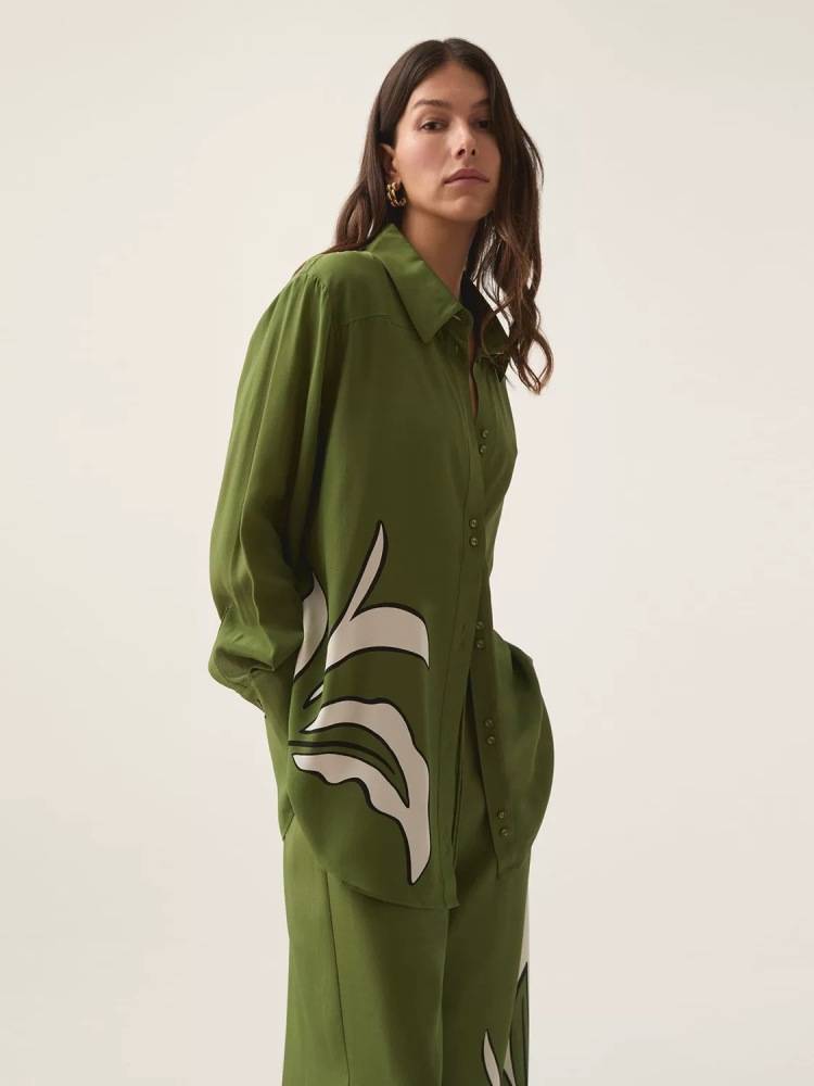 Loose Oversized Silk Shirt with Printed Pattern