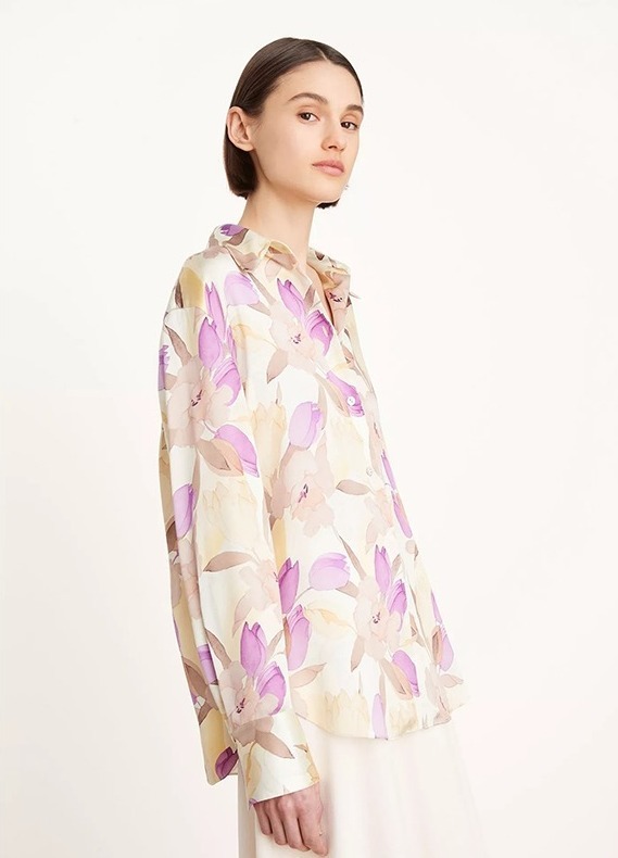 Washed Plain Crepe Satin Silk Long-Sleeve Shirt with Tulip Print and Large Collar