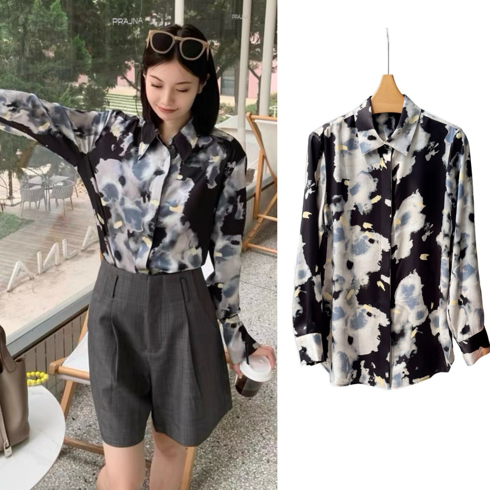 Watercolor Print Mulberry Silk Long-Sleeve Shirt