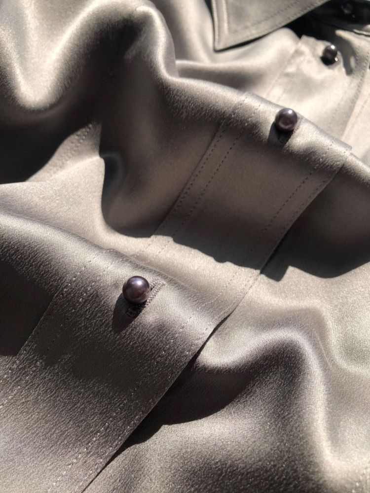 Silk Satin Long-Sleeve Shirt with Pearl Buttons