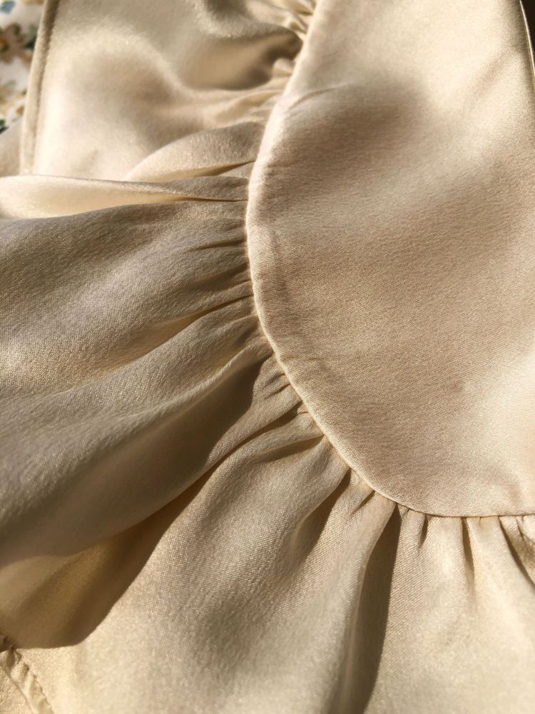 Ruffled Collar Lantern Sleeve Washed Silk Satin Long Sleeve Shirt in Light Champagne