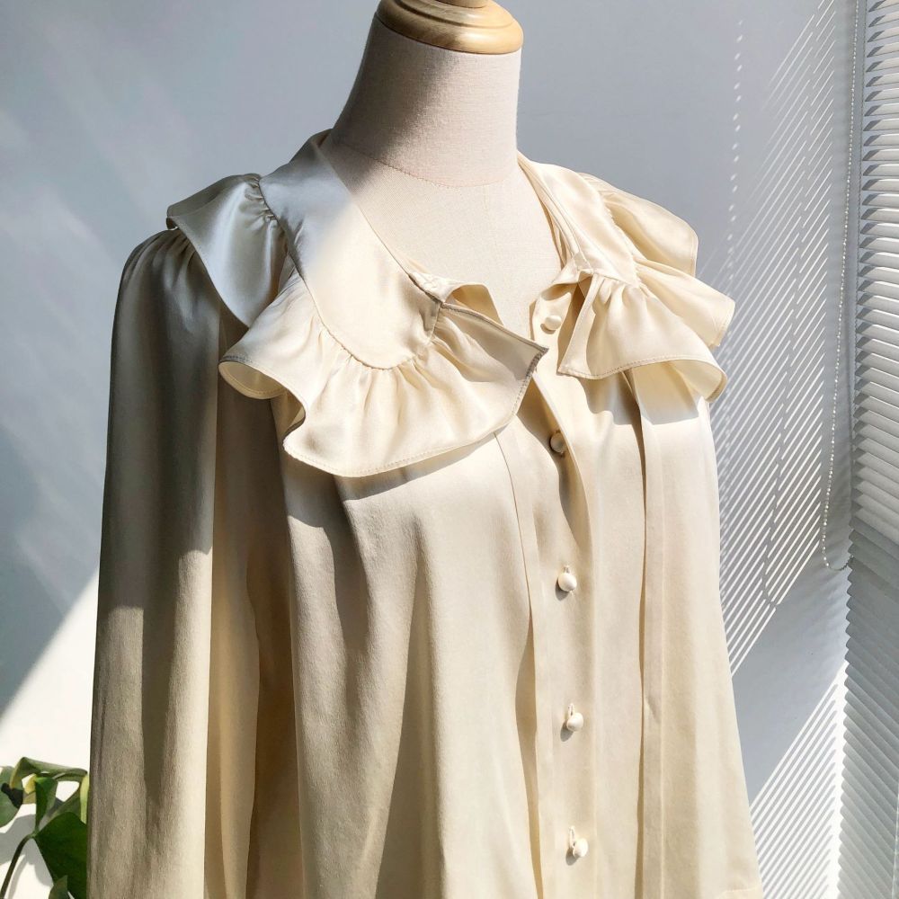Ruffled Collar Lantern Sleeve Washed Silk Satin Long Sleeve Shirt in Light Champagne