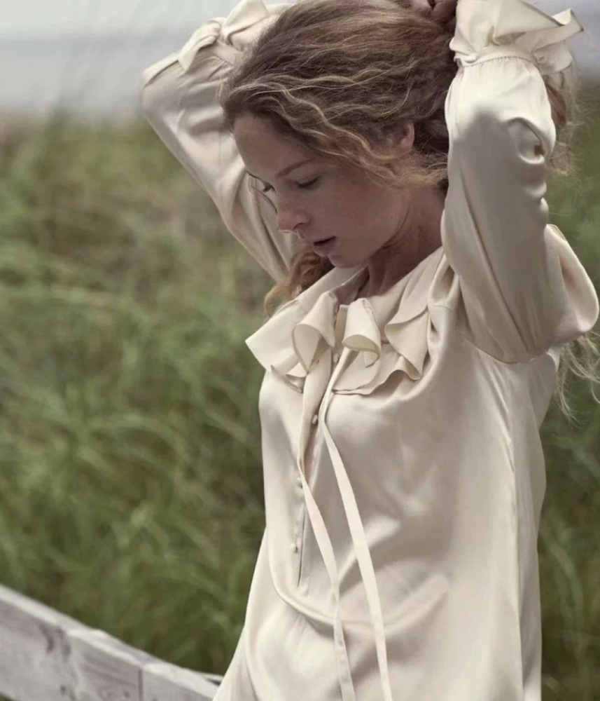 Ruffled Collar Lantern Sleeve Washed Silk Satin Long Sleeve Shirt in Light Champagne
