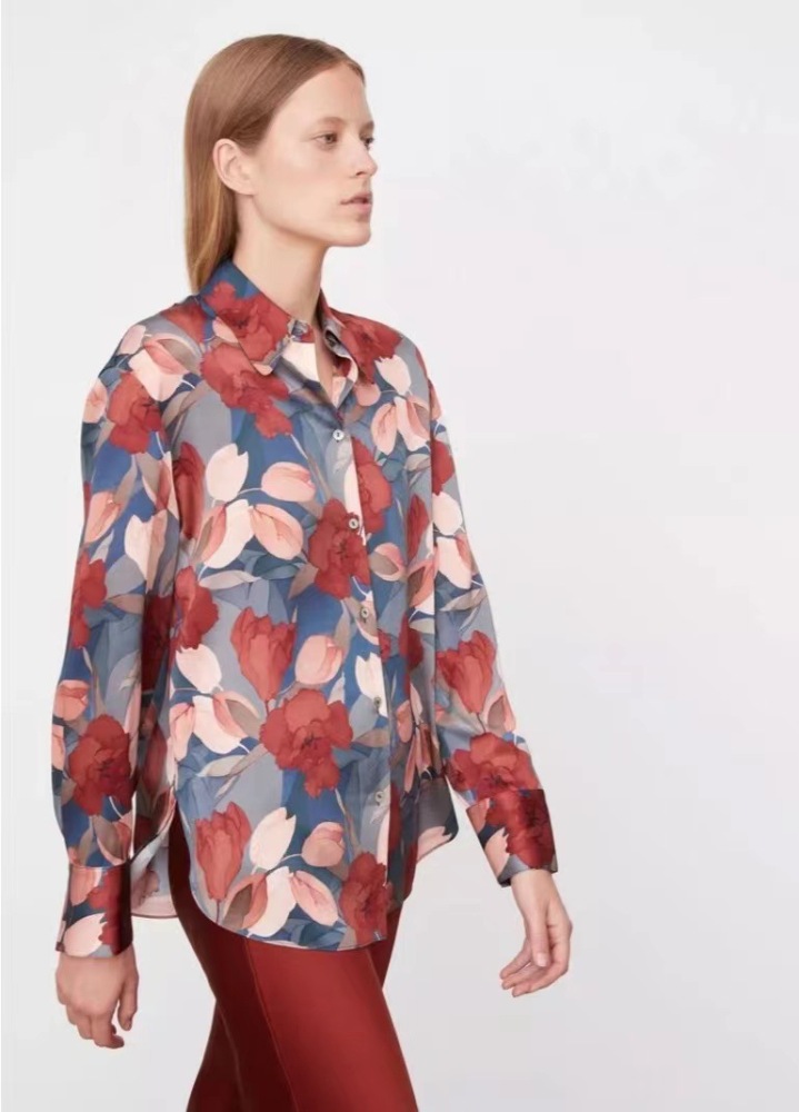 Washed Plain Crepe Satin Silk Long-Sleeve Shirt with Tulip Print and Large Collar
