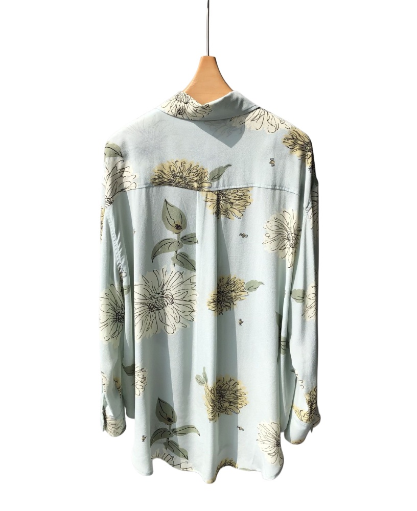 Printed Washed Silk Oversized Long-Sleeve Shirt Button-up Water Green Chrysanthemum