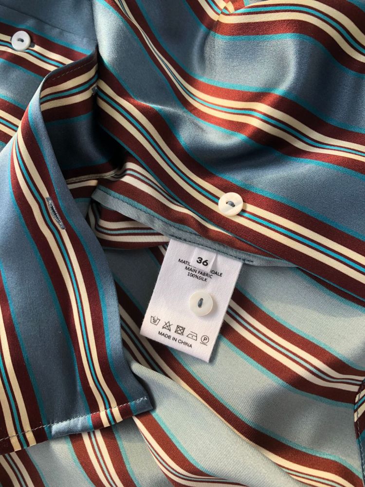 Silk Satin Striped Nightshirt Shirt Wide-Leg Pants Blue