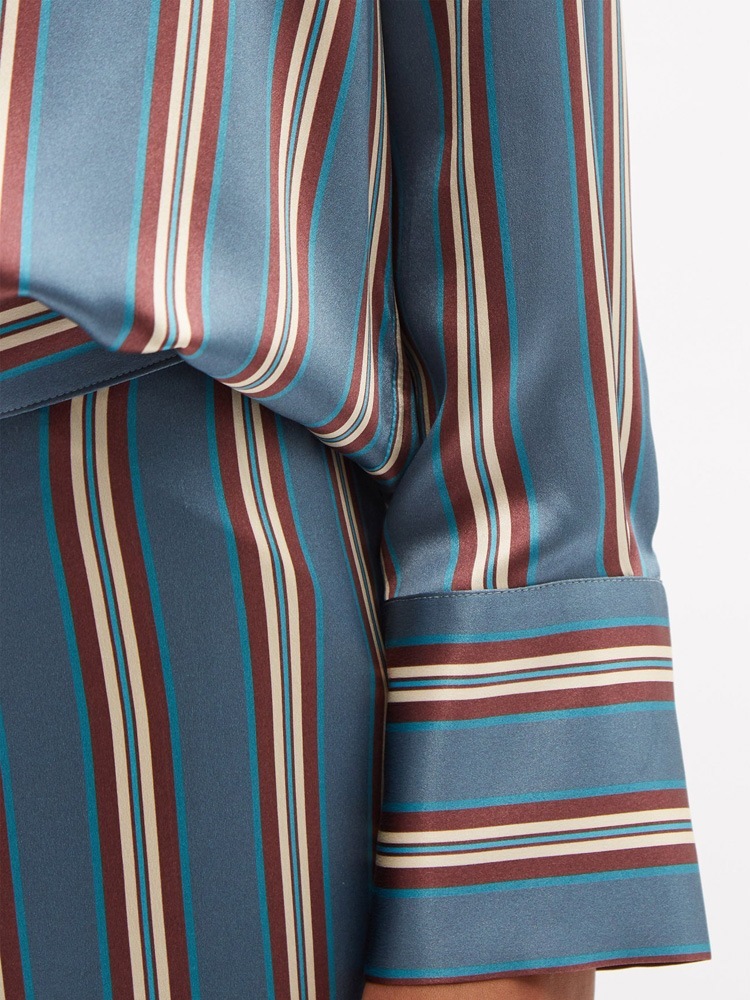 Silk Satin Striped Nightshirt Shirt Wide-Leg Pants Blue