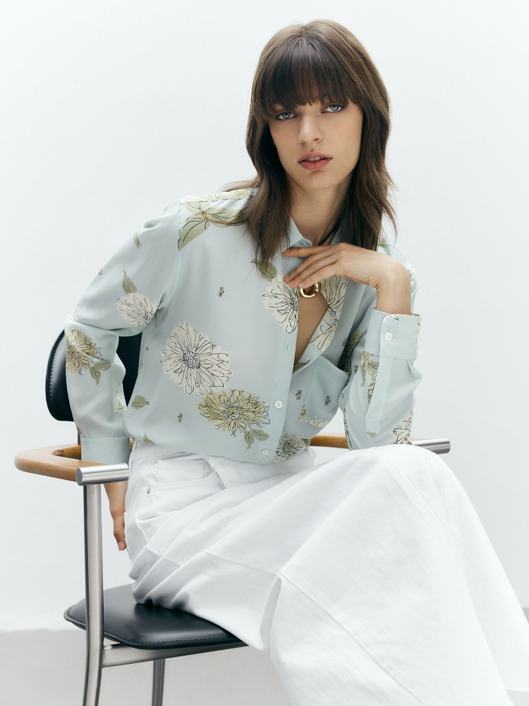 Printed Washed Silk Oversized Long-Sleeve Shirt Button-up Water Green Chrysanthemum