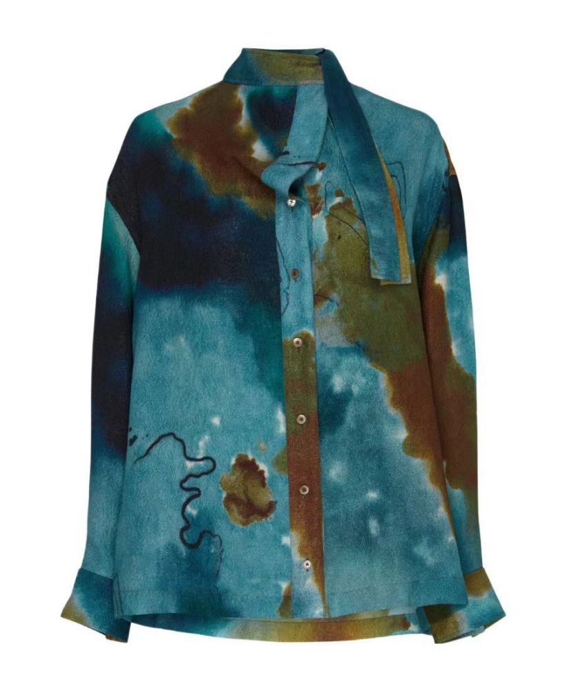 Turquoise Gradient Textured Long-Sleeve Shirt with Flowing Ribbons