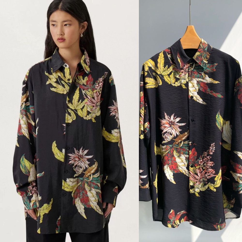 Sand Washed Texture Silk Shirt Lazy Large Silhouette Printed Silk Shirt for Both Men & Women