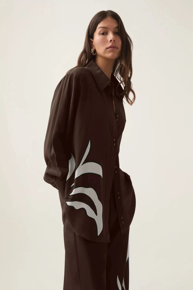 Loose Oversized Silk Shirt with Printed Pattern