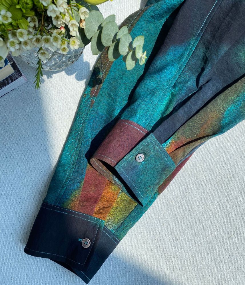 Turquoise Gradient Textured Long-Sleeve Shirt with Flowing Ribbons