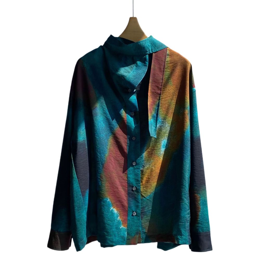 Turquoise Gradient Textured Long-Sleeve Shirt with Flowing Ribbons