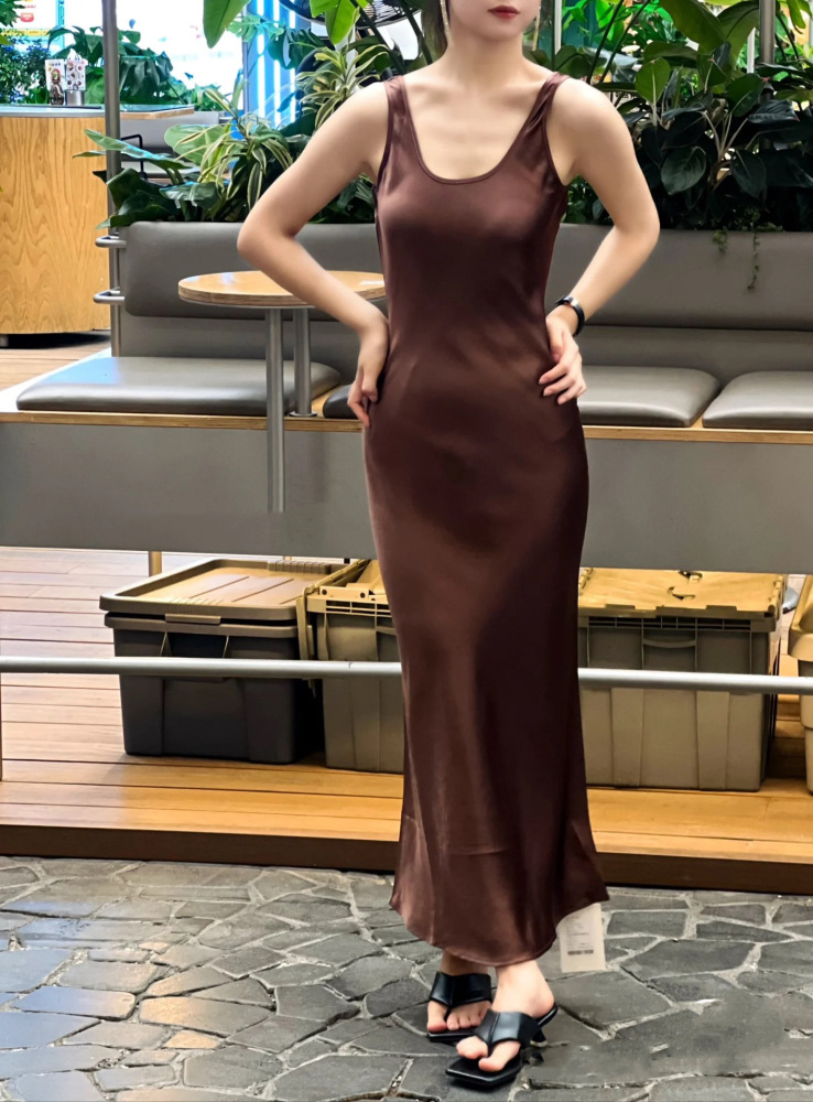 Silk Button-Up Long-Sleeve Shirt, Tank Dress, Dark Chocolate Brown