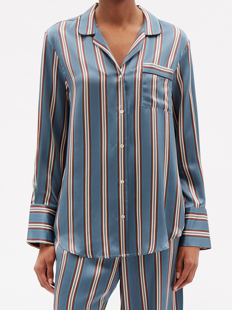 Silk Satin Striped Nightshirt Shirt Wide-Leg Pants Blue