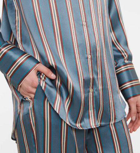 Silk Satin Striped Nightshirt Shirt Wide-Leg Pants Blue