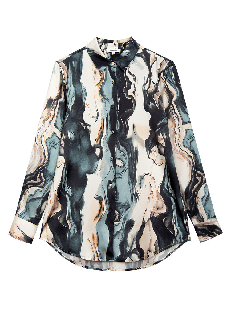 Silk Double-Georgette Long-Sleeve Shirt with Ink Wash Printing