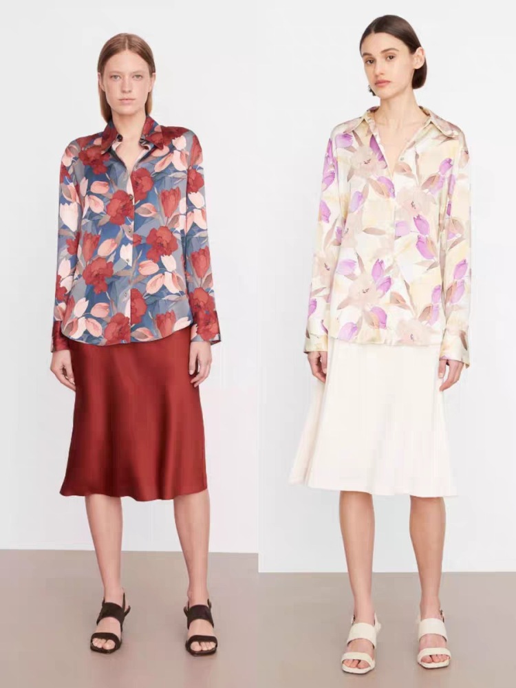 Washed Plain Crepe Satin Silk Long-Sleeve Shirt with Tulip Print and Large Collar