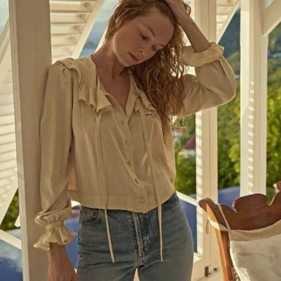 Ruffled Collar Lantern Sleeve Washed Silk Satin Long Sleeve Shirt in Light Champagne