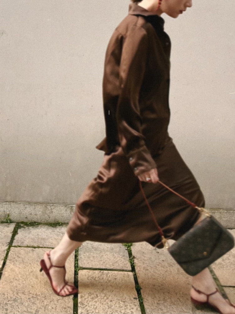 Silk Button-Up Long-Sleeve Shirt, Tank Dress, Dark Chocolate Brown