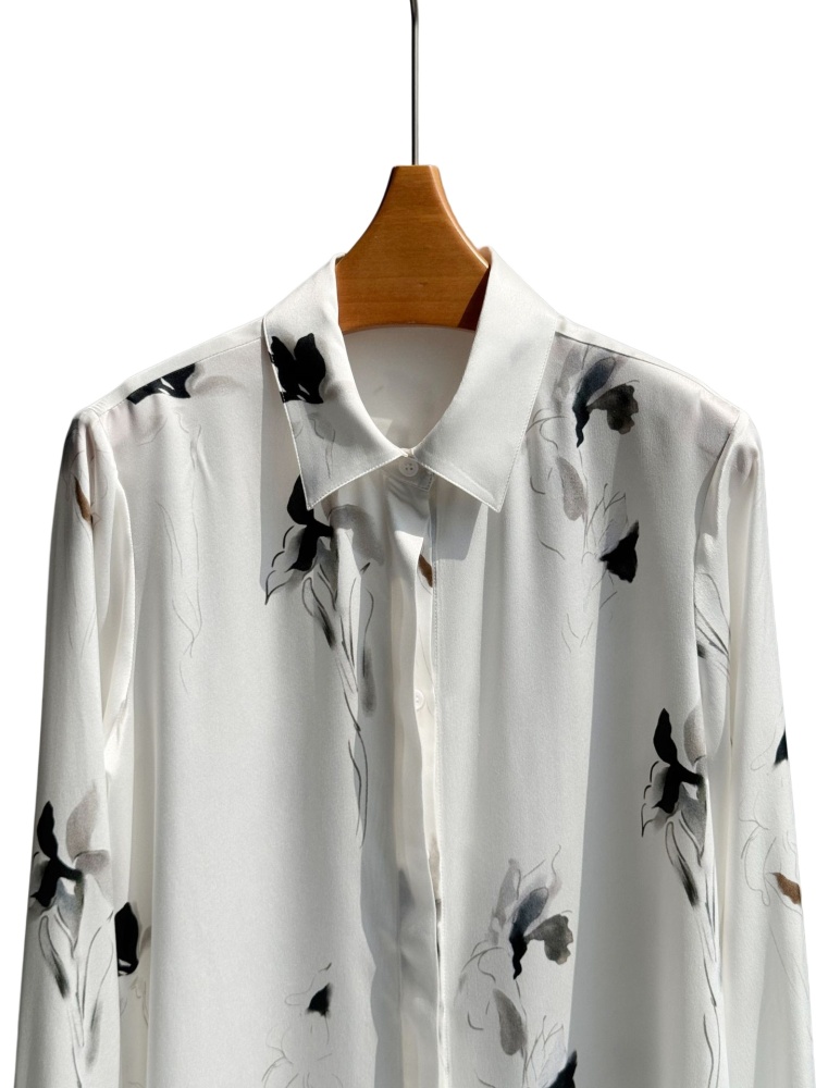 Ink-Dyed Iris Elegant Print Washed Plain Crepe Satin Silk Small Pointed Collar Long-Sleeve Shirt
