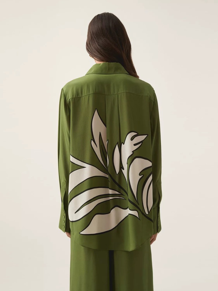 Loose Oversized Silk Shirt with Printed Pattern