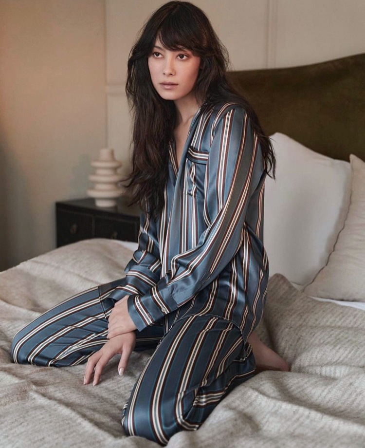 Silk Satin Striped Nightshirt Shirt Wide-Leg Pants Blue