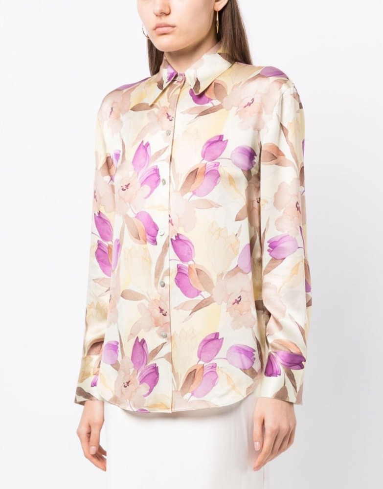 Washed Plain Crepe Satin Silk Long-Sleeve Shirt with Tulip Print and Large Collar