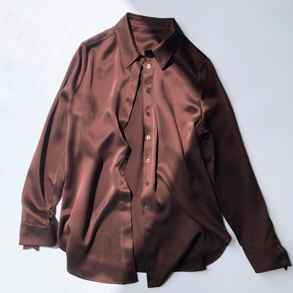 Silk Button-Up Long-Sleeve Shirt, Tank Dress, Dark Chocolate Brown