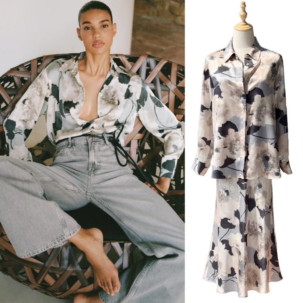 Satin Silk Shirt With Ink Wash Printing Bias-Cut Skirt