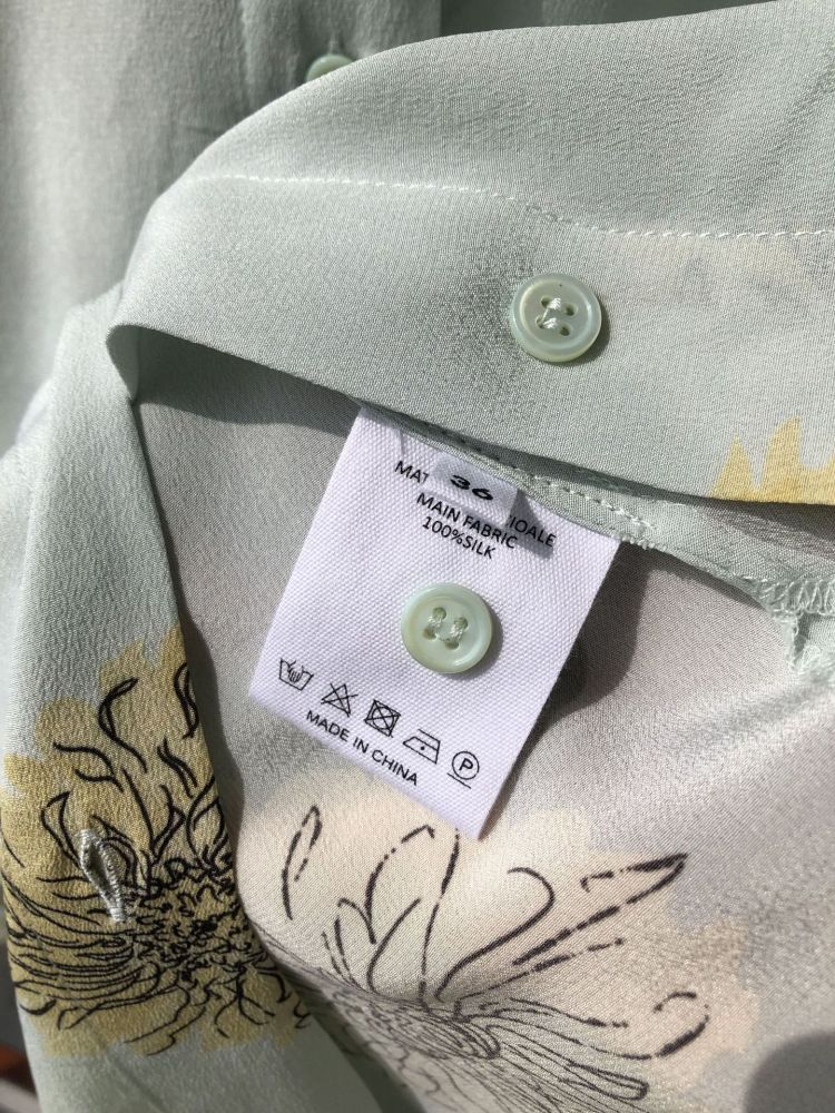 Printed Washed Silk Oversized Long-Sleeve Shirt Button-up Water Green Chrysanthemum