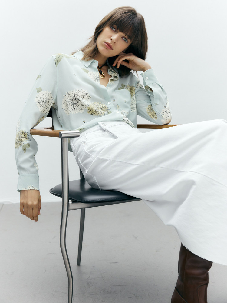 Printed Washed Silk Oversized Long-Sleeve Shirt Button-up Water Green Chrysanthemum