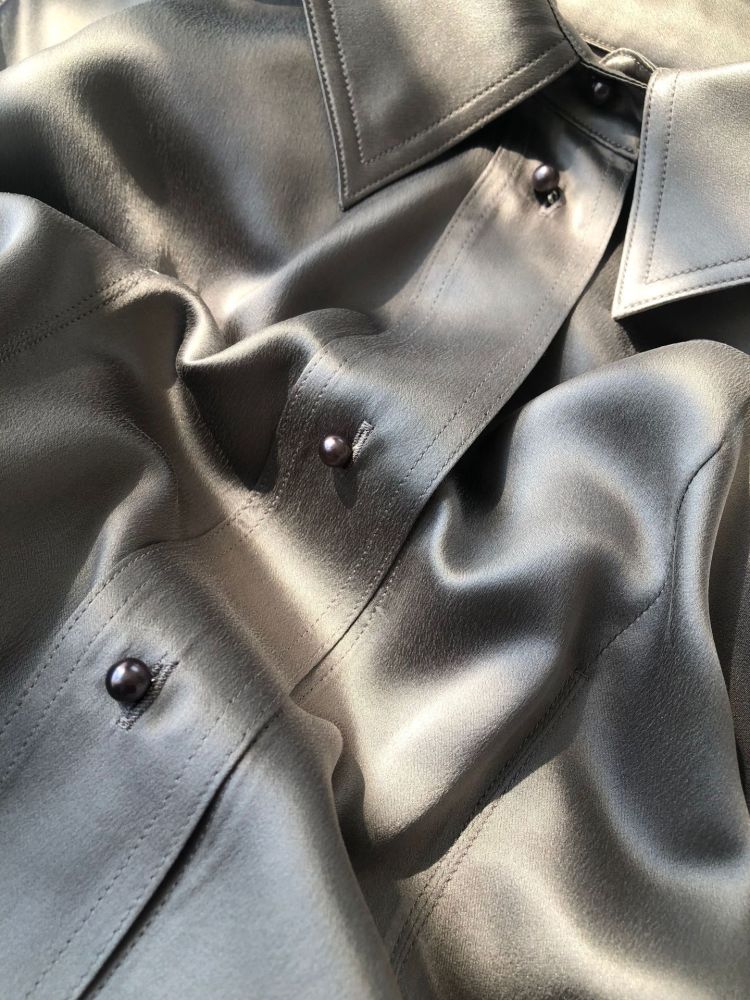 Silk Satin Long-Sleeve Shirt with Pearl Buttons