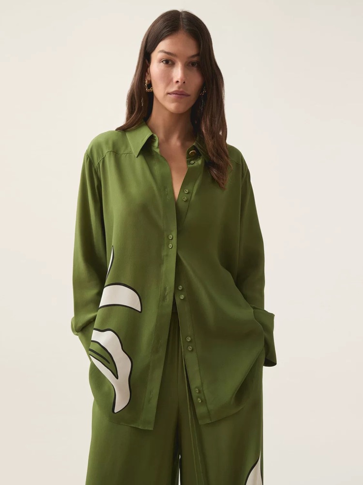 Loose Oversized Silk Shirt with Printed Pattern