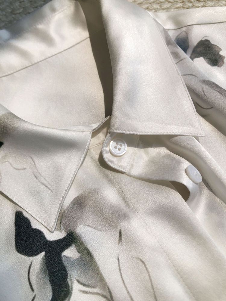 Ink-Dyed Iris Elegant Print Washed Plain Crepe Satin Silk Small Pointed Collar Long-Sleeve Shirt