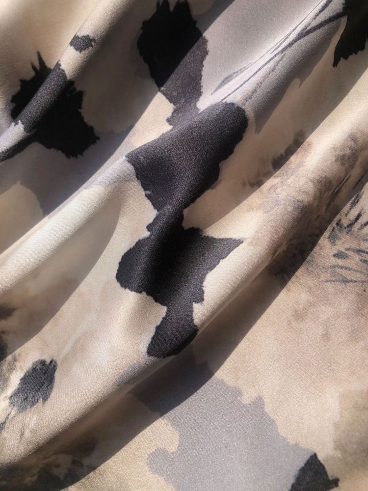 Satin Silk Shirt With Ink Wash Printing Bias-Cut Skirt