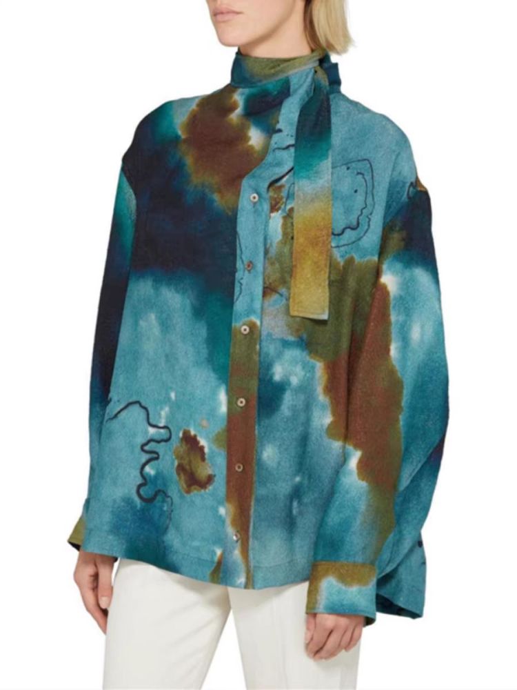 Turquoise Gradient Textured Long-Sleeve Shirt with Flowing Ribbons