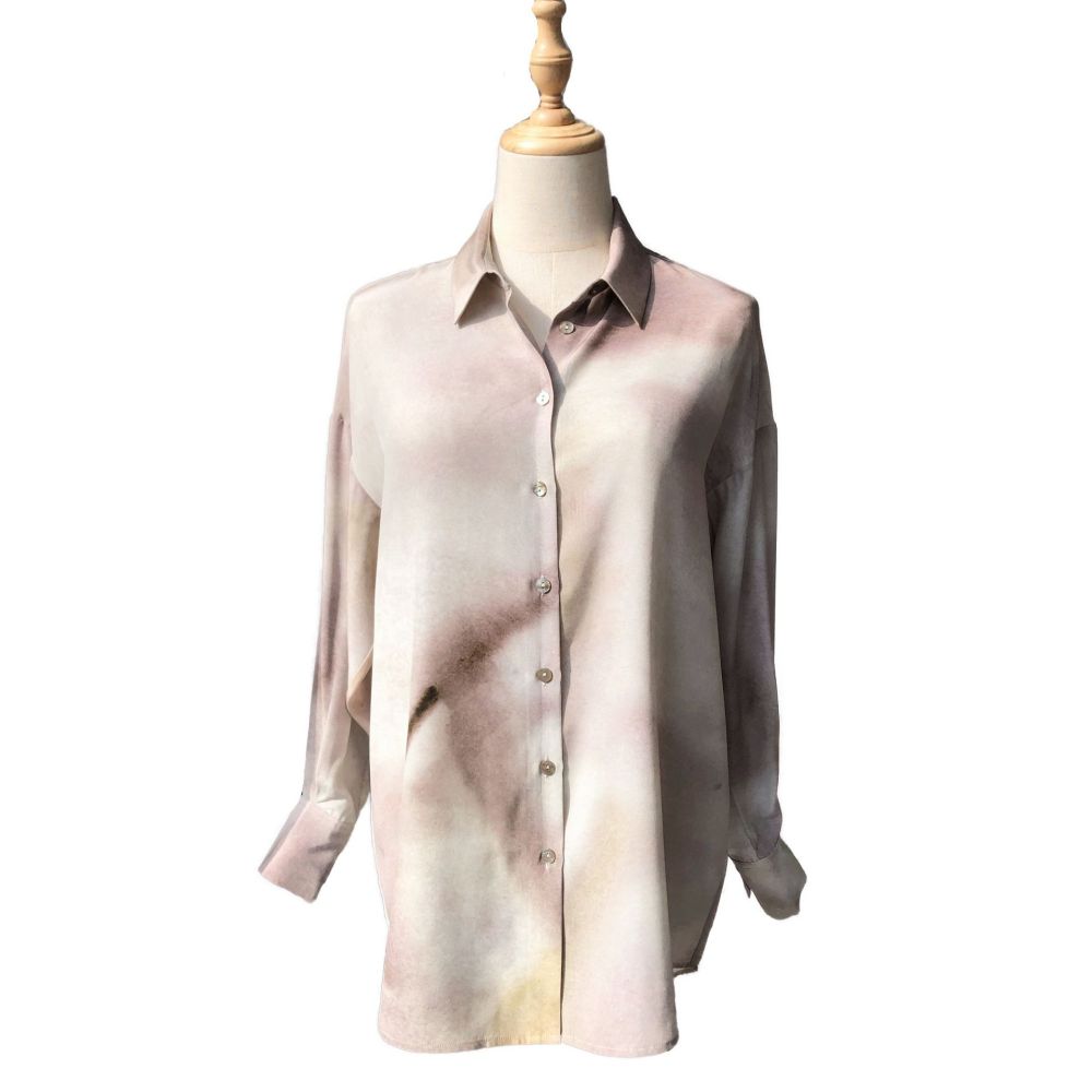 Silk Long Sleeved Wide Lazy Shirt Heavyweight Sand Washed Silk Ink Wash Dyed Apricot Gray