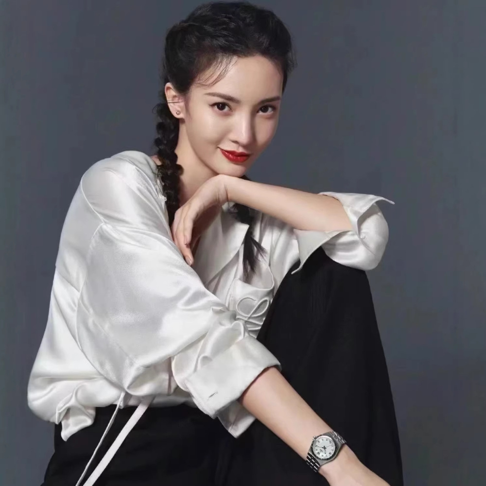 Satin Silk Long-Sleeve Shirt with Pockets, Suit Collar with Tie