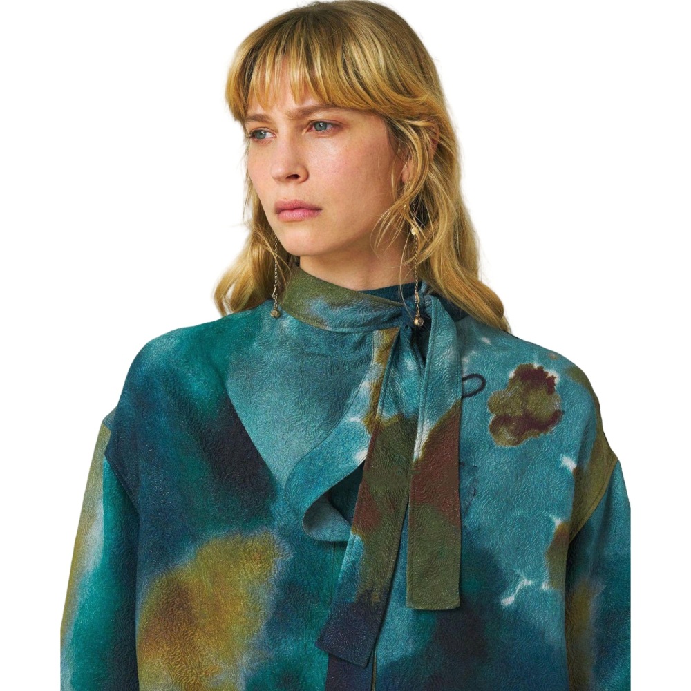 Turquoise Gradient Textured Long-Sleeve Shirt with Flowing Ribbons
