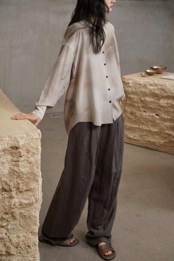 Silk Long Sleeved Wide Lazy Shirt Heavyweight Sand Washed Silk Ink Wash Dyed Apricot Gray