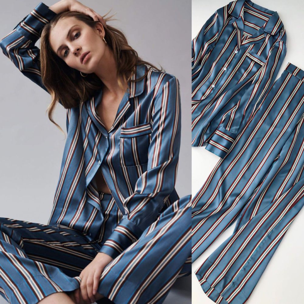 Silk Satin Striped Nightshirt Shirt Wide-Leg Pants Blue
