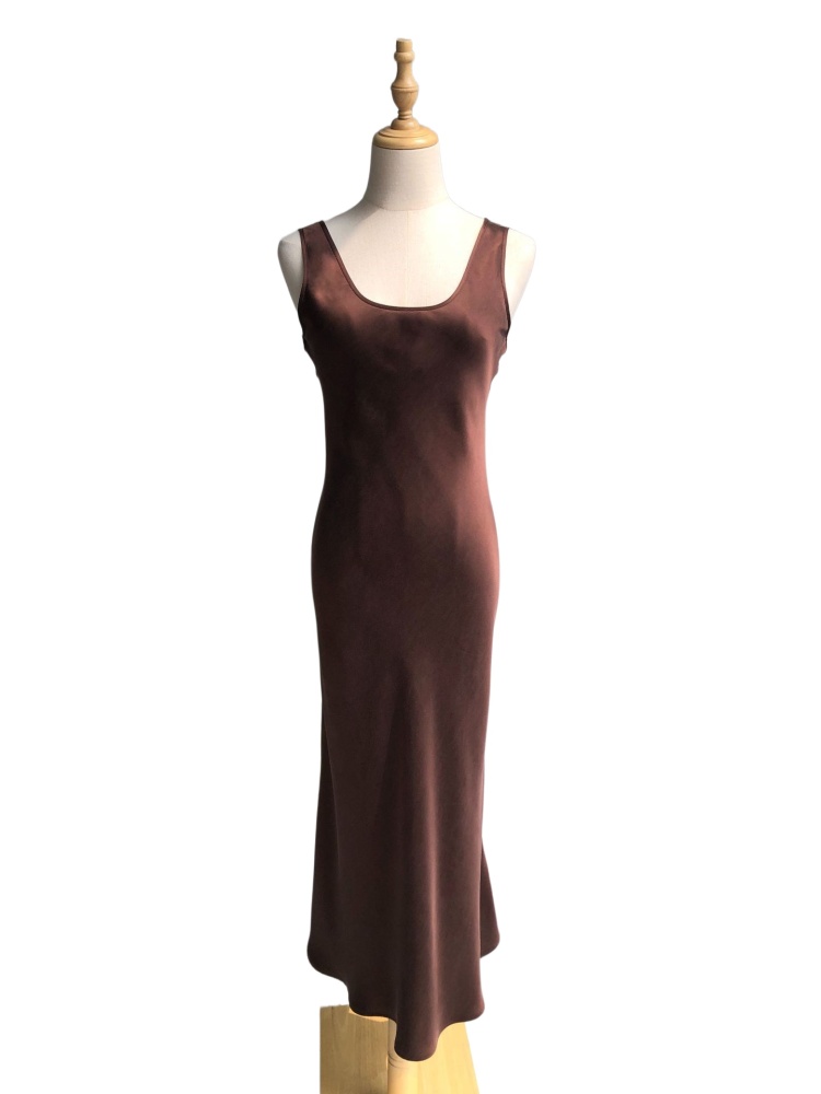 Silk Button-Up Long-Sleeve Shirt, Tank Dress, Dark Chocolate Brown