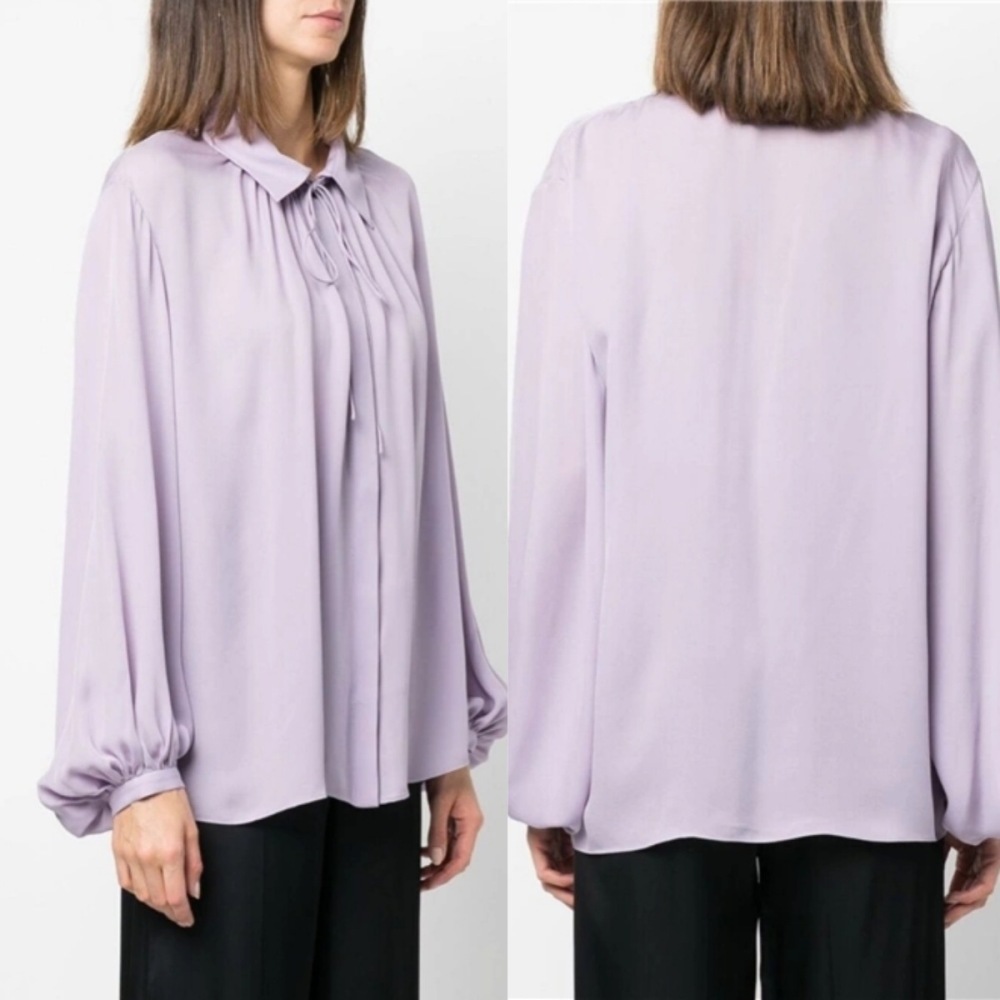 Wisteria Color Loose Hanging Lantern Sleeves Silk Satin Long Sleeved Shirt