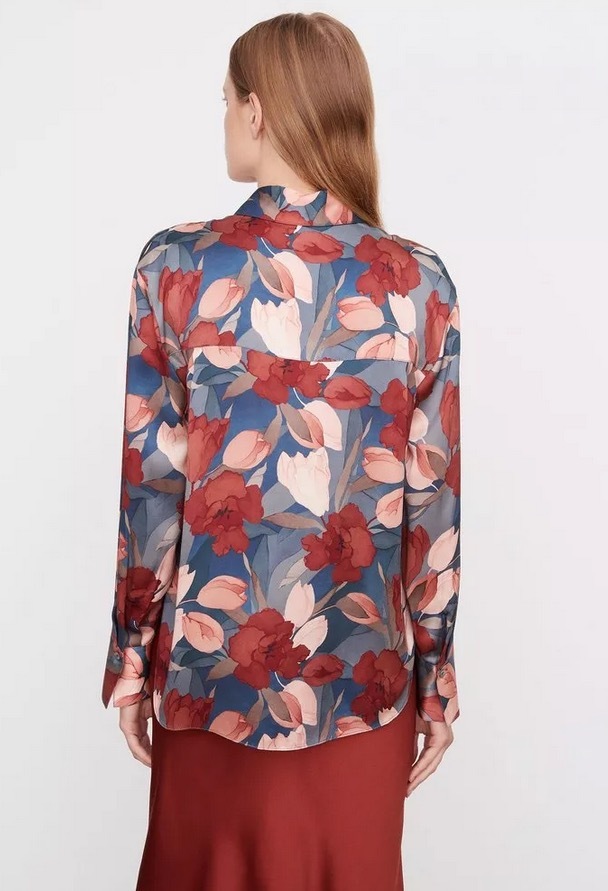 Washed Plain Crepe Satin Silk Long-Sleeve Shirt with Tulip Print and Large Collar