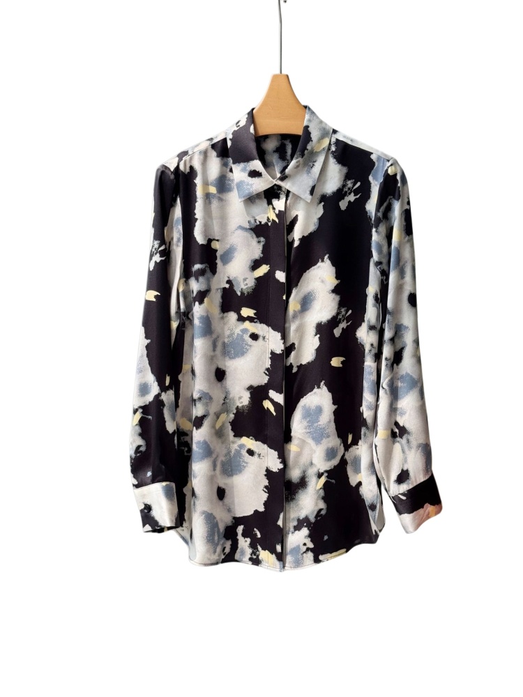 Watercolor Print Mulberry Silk Long-Sleeve Shirt