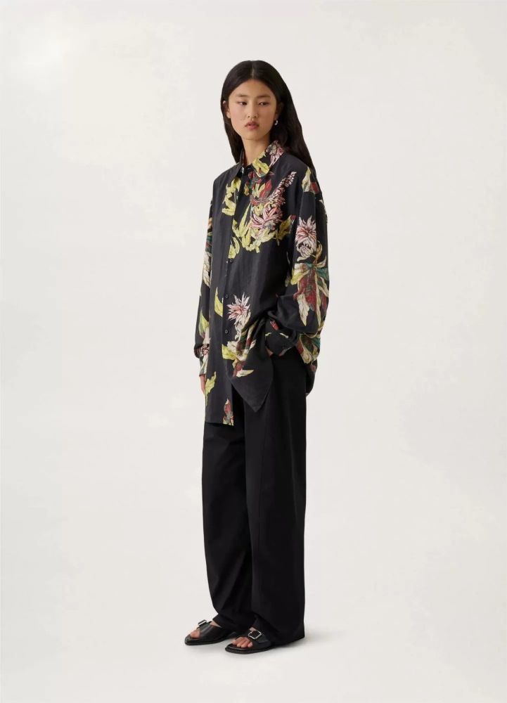 Sand Washed Texture Silk Shirt Lazy Large Silhouette Printed Silk Shirt for Both Men & Women